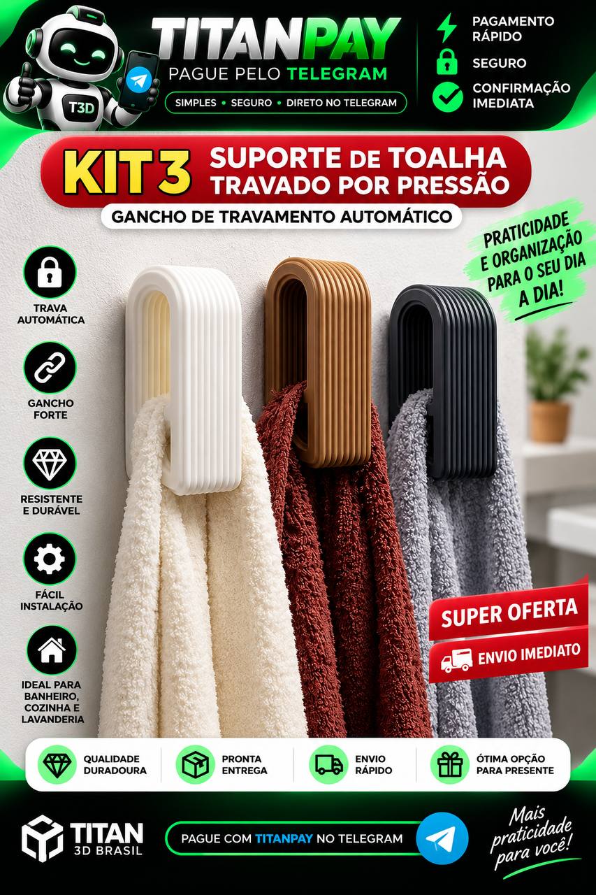 Kit 3 Suporte de Toalha Travado por Pressão